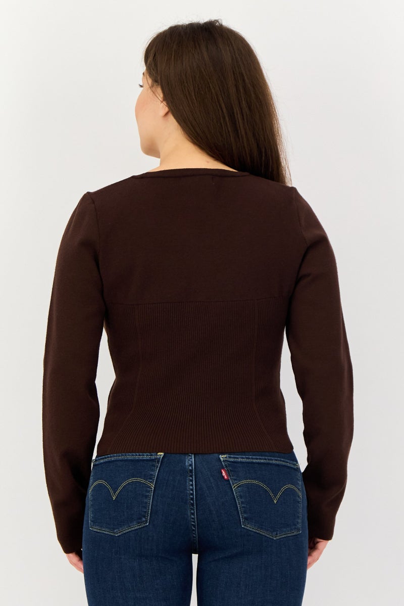 promod Women Crew Neck Long Sleeve Solid Shirt, Dark Brown - Image 2